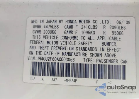 2010 Acura Tsx 2.4 из США, поврежденный, VIN JH4CU2F60AC003066